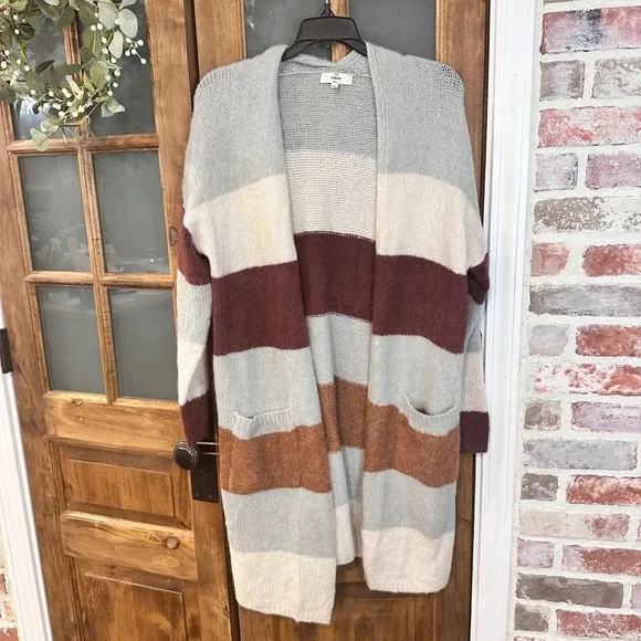 Entro Cardigan Sweater Women's Size M Colorblock Striped Open Front Grandmacore - Picture 1 of 8